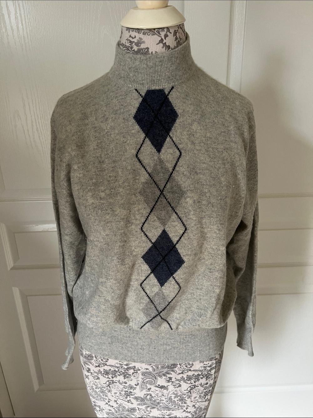 Women Gray Turtleneck Sweater with Navy Argyle